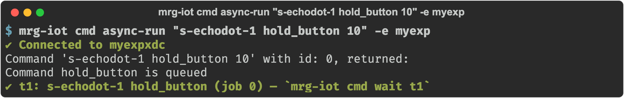 mrg-iot cmd async-run printing the queued reply and the task handle t1 it left behind