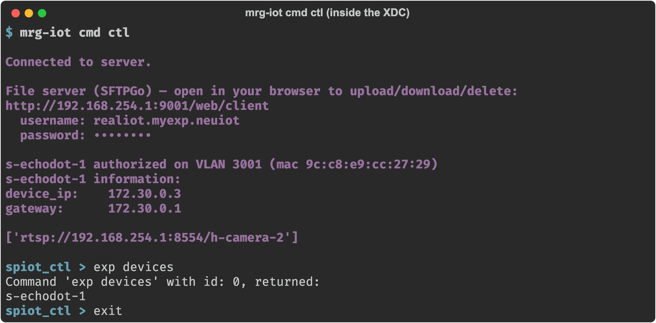 mrg-iot cmd ctl inside the XDC printing the experiment banner, then running exp devices at the spiot_ctl prompt