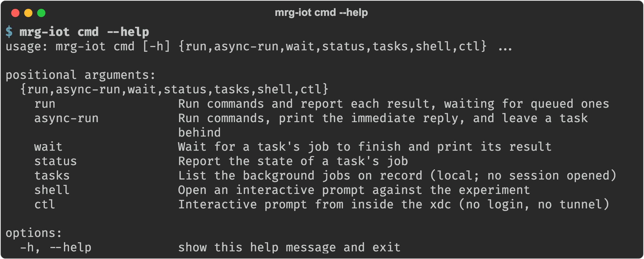 mrg-iot cmd --help showing the run, async-run, wait, status, tasks, shell, and ctl subcommands