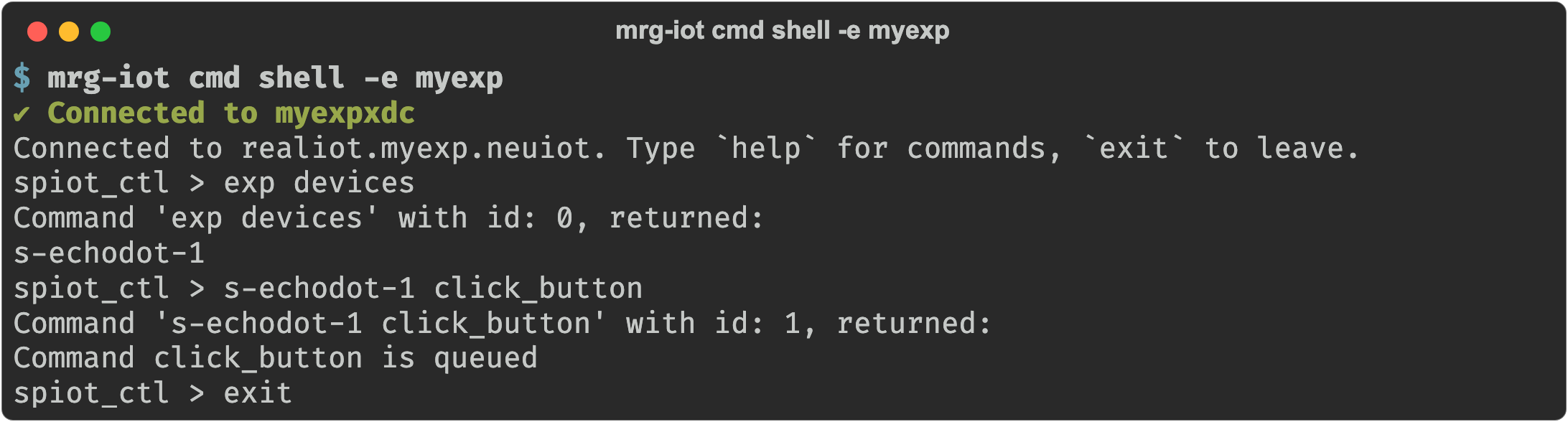 mrg-iot cmd shell session running exp devices and a click_button command at the spiot_ctl prompt, then exit