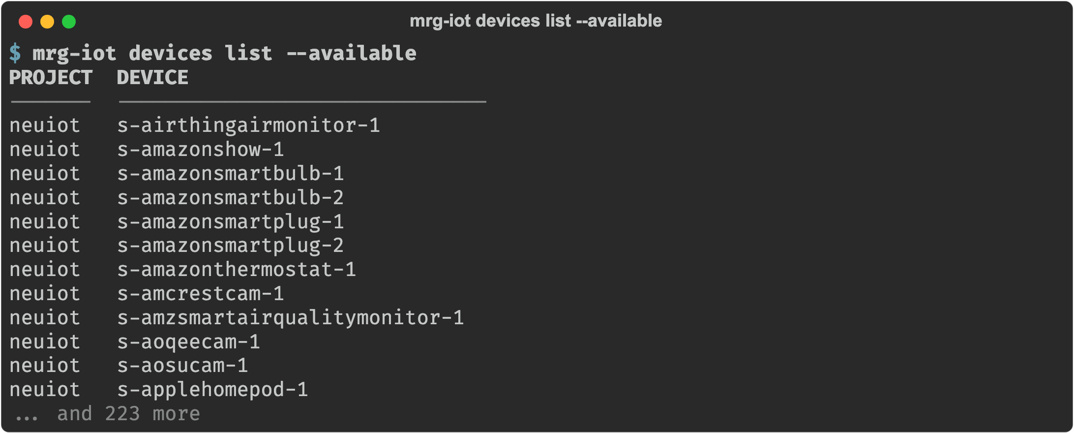 mrg-iot devices list --available printing a PROJECT and DEVICE column for each unallocated device, ending with '... and 223 more'