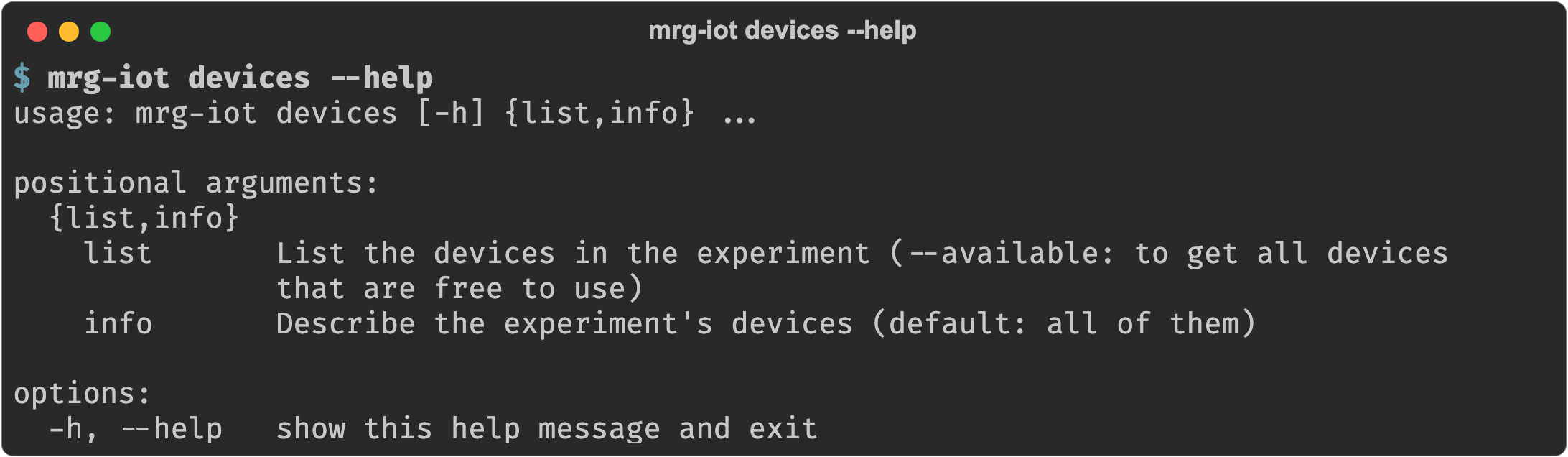 mrg-iot devices --help showing the list and info subcommands