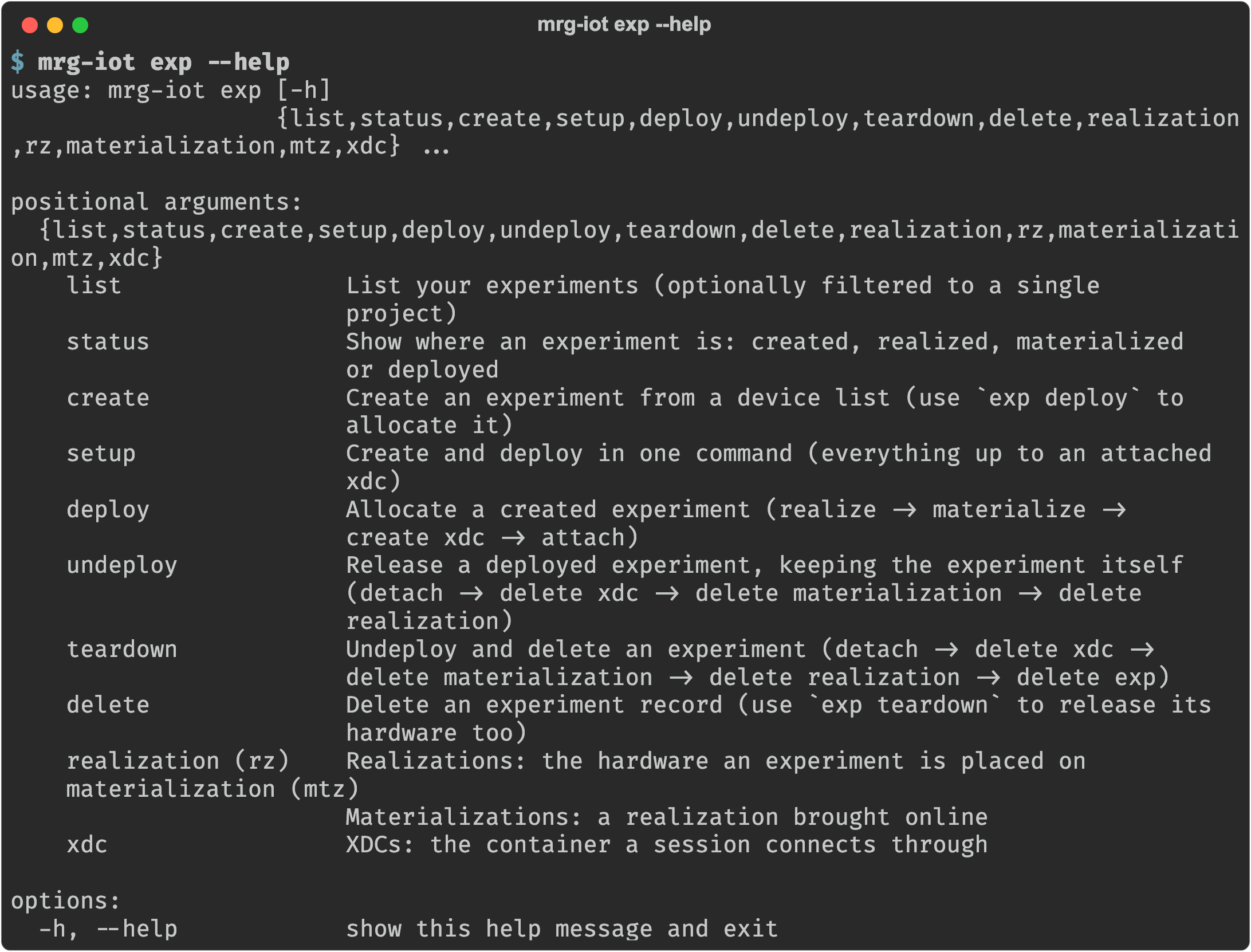 mrg-iot exp --help showing that undeploy detaches, deletes the xdc, materialization and realization, while teardown does all of that and deletes the experiment