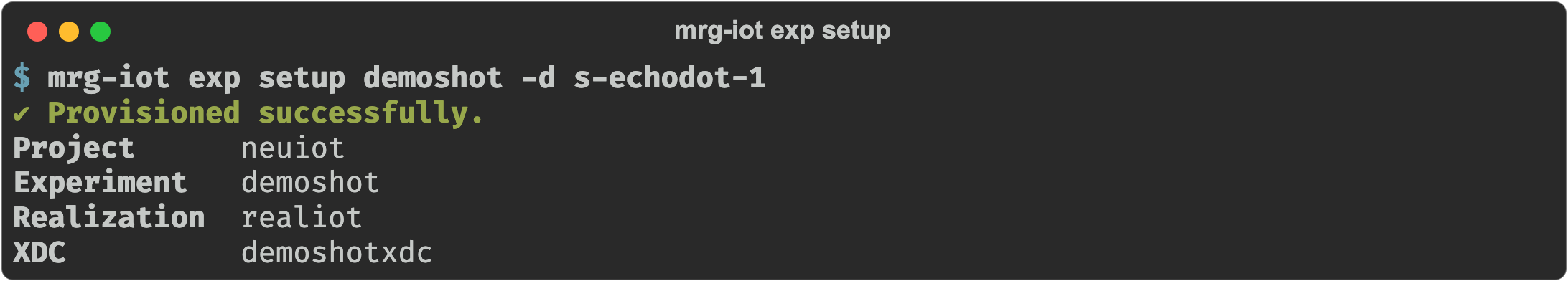 mrg-iot exp setup reporting the project, experiment, realization, and XDC it provisioned