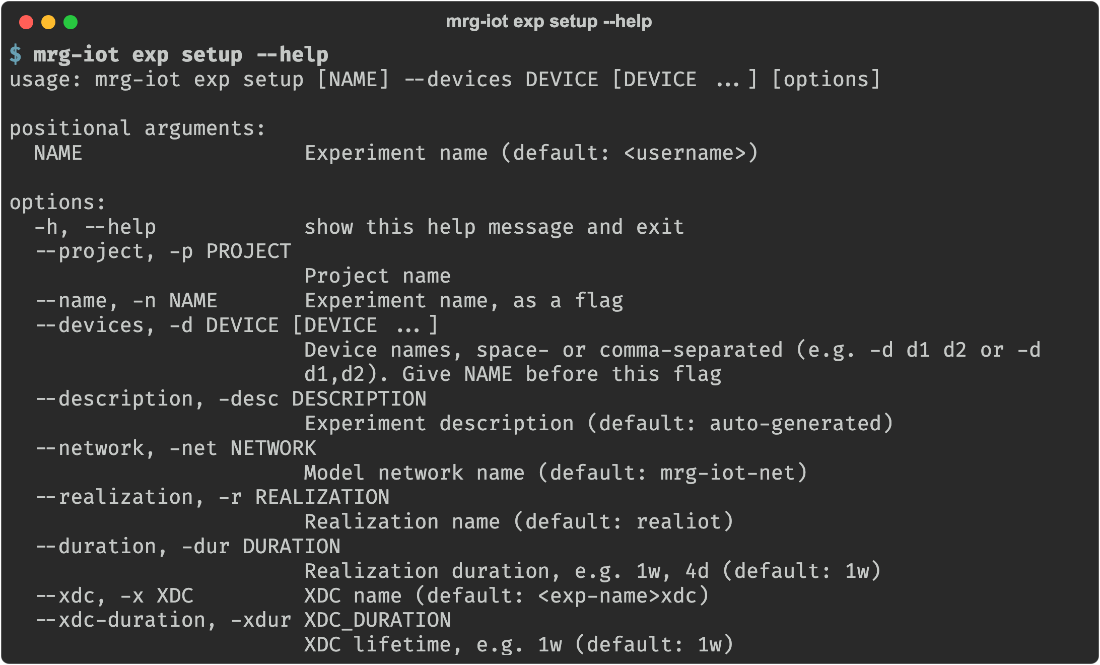 mrg-iot exp setup --help listing NAME, --project, --devices, --description, --network, --realization, --duration, --xdc, and --xdc-duration with their defaults