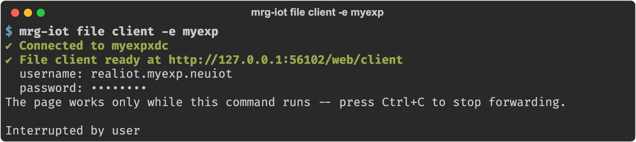 mrg-iot file client printing the web client address and the file-server username, with the password hidden