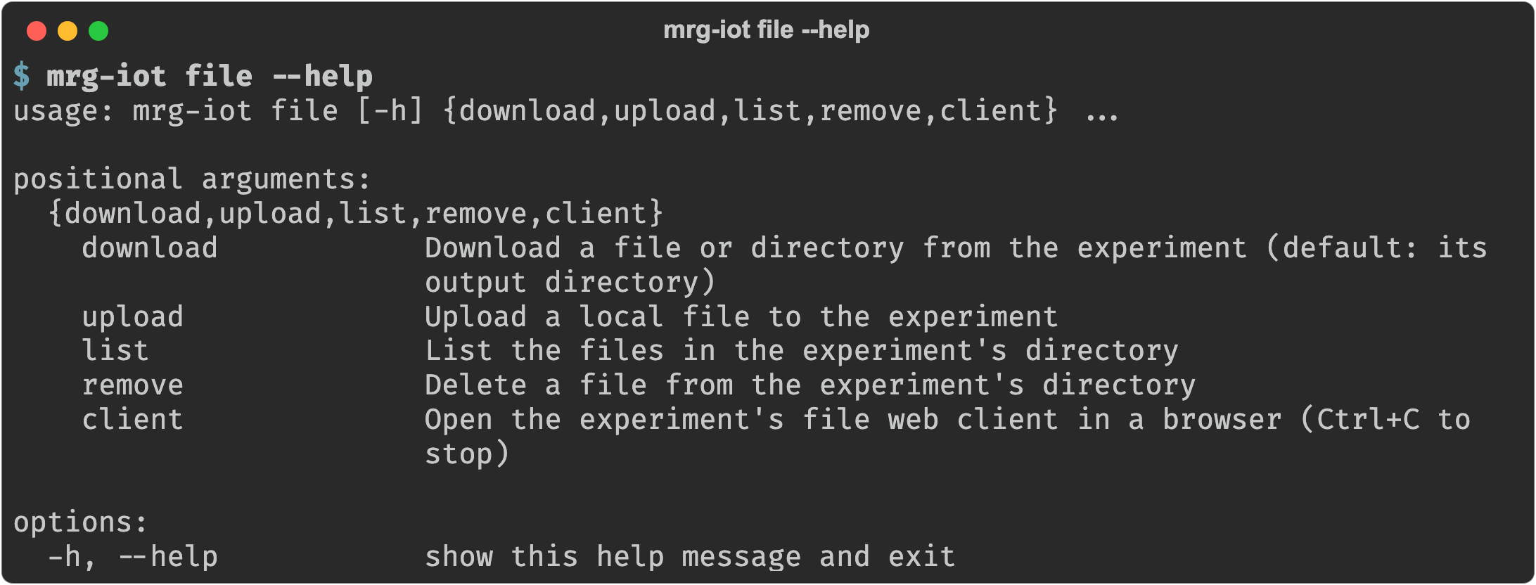 mrg-iot file --help showing the download, upload, list, remove, and client subcommands