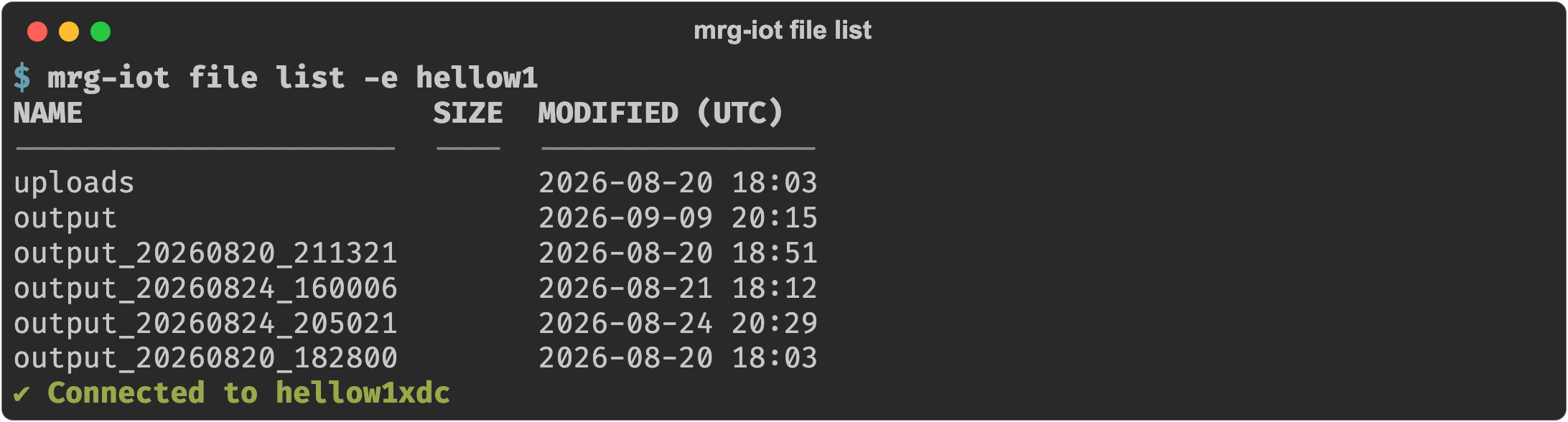 mrg-iot file list showing the uploads and output directories with their modification times