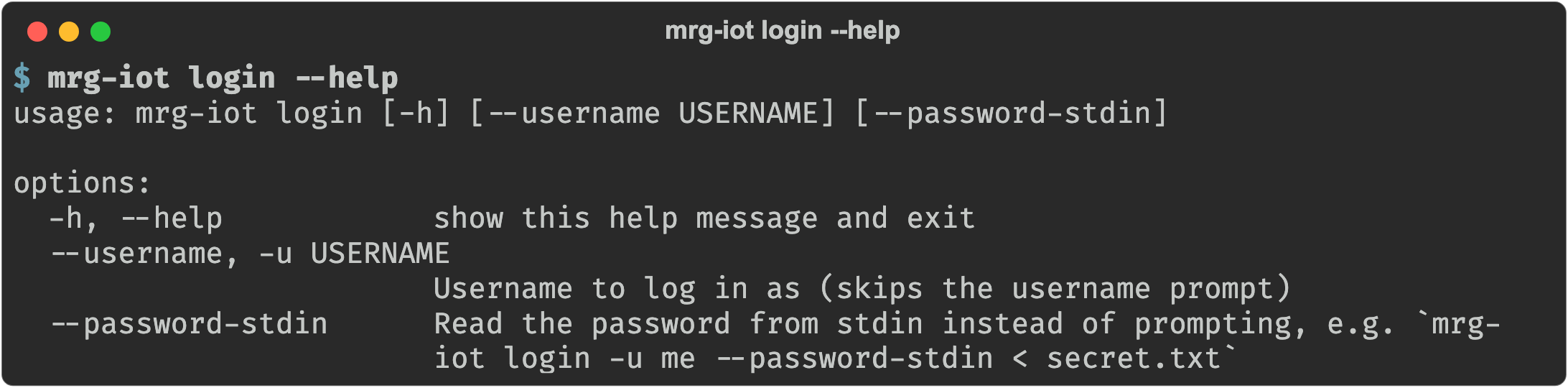 mrg-iot login --help showing the --username/-u and --password-stdin options