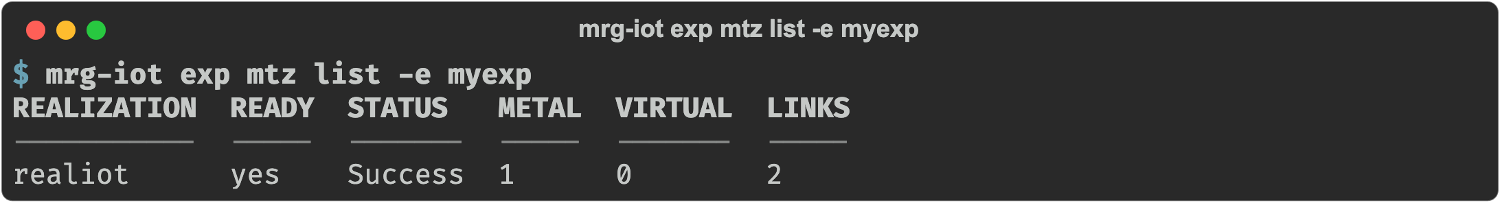 mrg-iot exp mtz list -e myexp showing the realiot materialization, ready, with its metal node and link counts