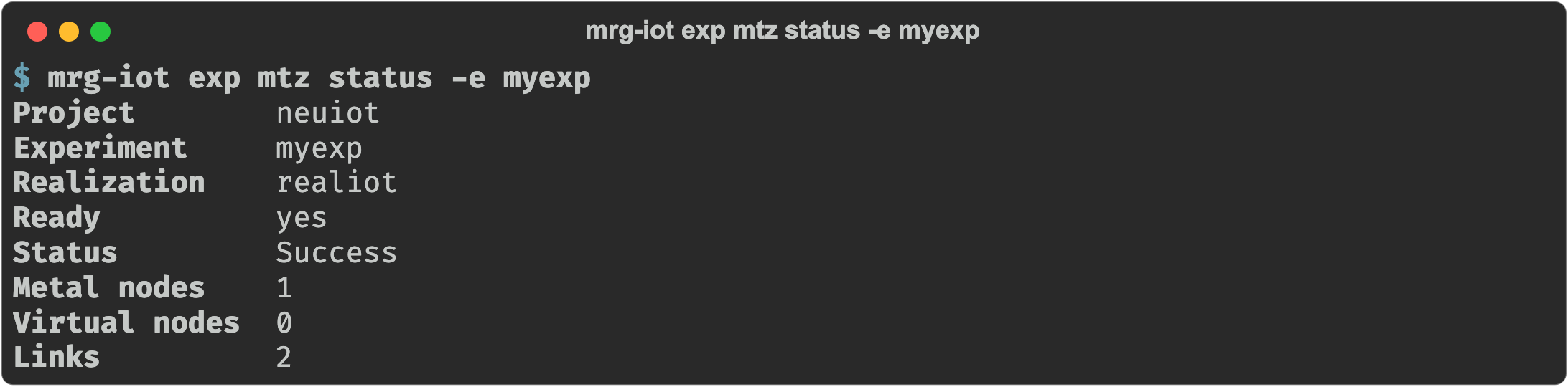 mrg-iot exp mtz status -e myexp showing a ready materialization with its node and link counts