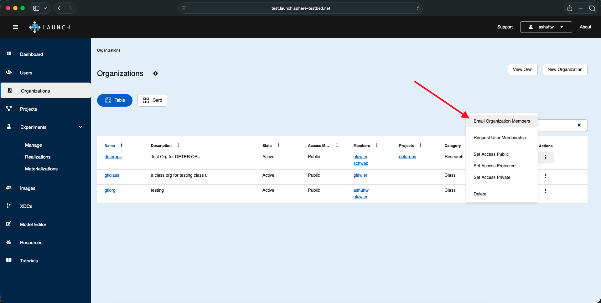 Organizations page with Email Organization Members action