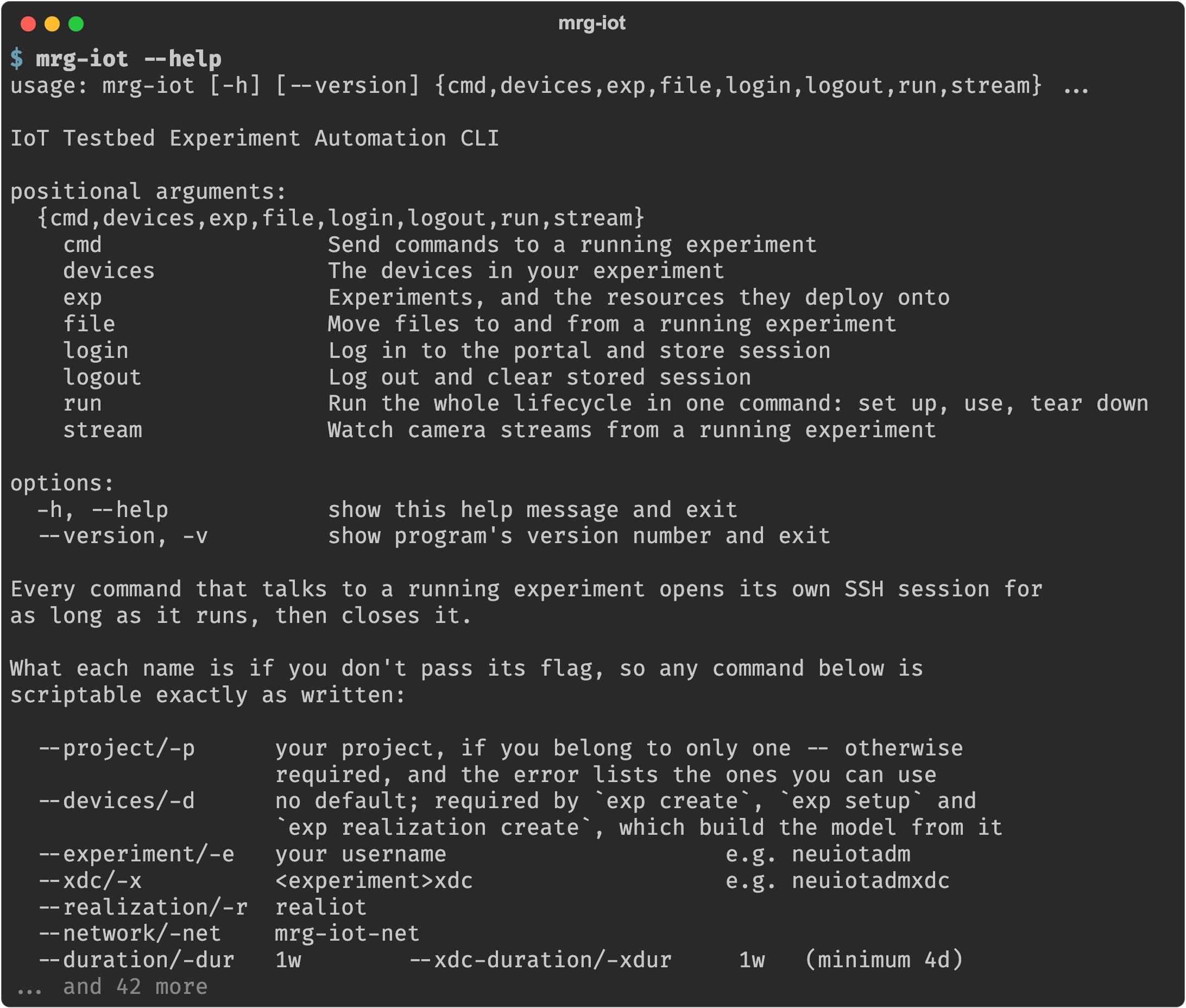 The mrg-iot help output, listing its command groups with the derived defaults for each name