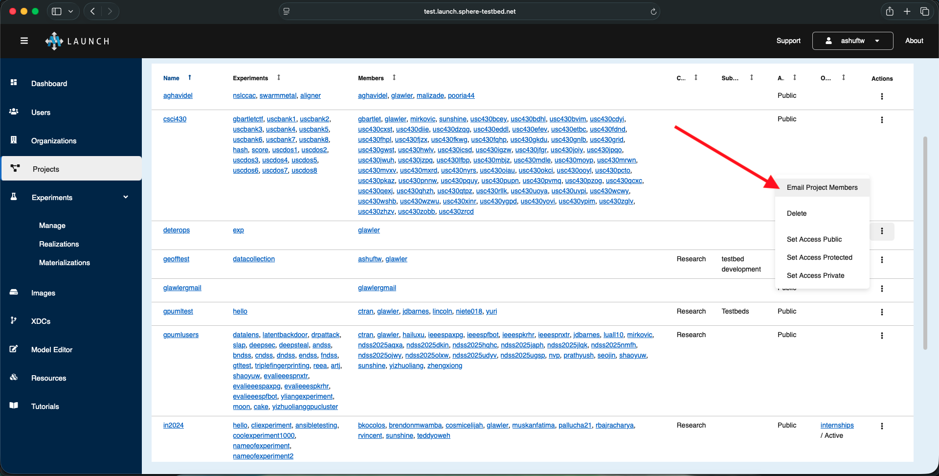 Projects page with Email Project Members action