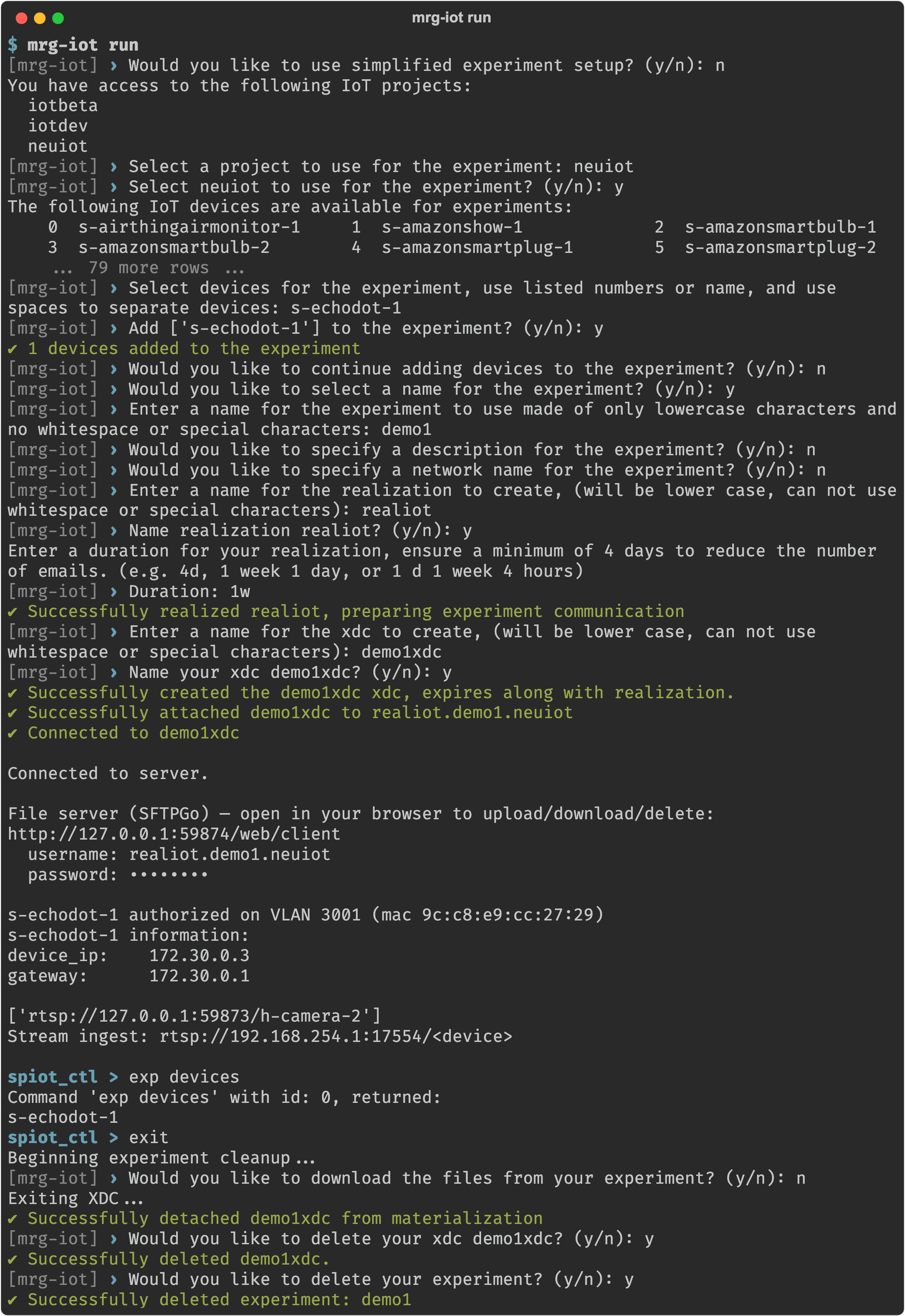 mrg-iot run choosing a project and device, naming the experiment, realization, and XDC, running exp devices at the spiot_ctl prompt, then deleting the XDC and experiment on exit