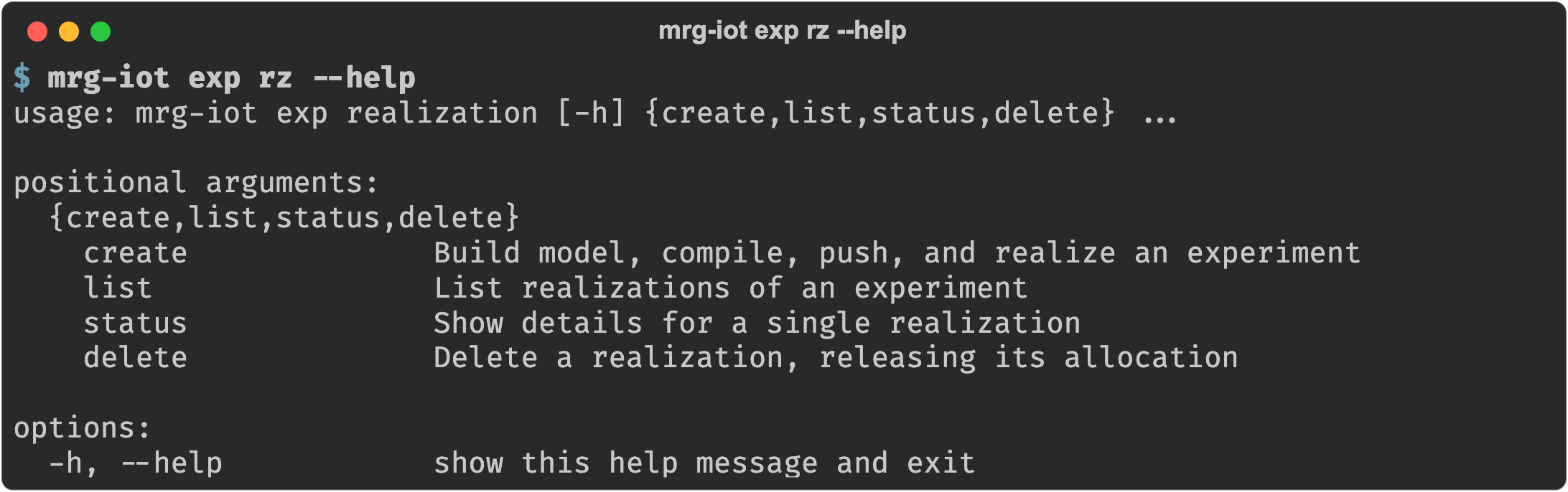 mrg-iot exp rz --help listing the realization subcommands and what each one does