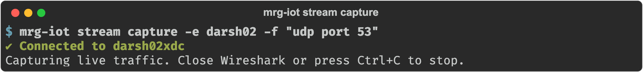 mrg-iot stream capture -f "udp port 53" connecting to the experiment and streaming its live traffic into Wireshark