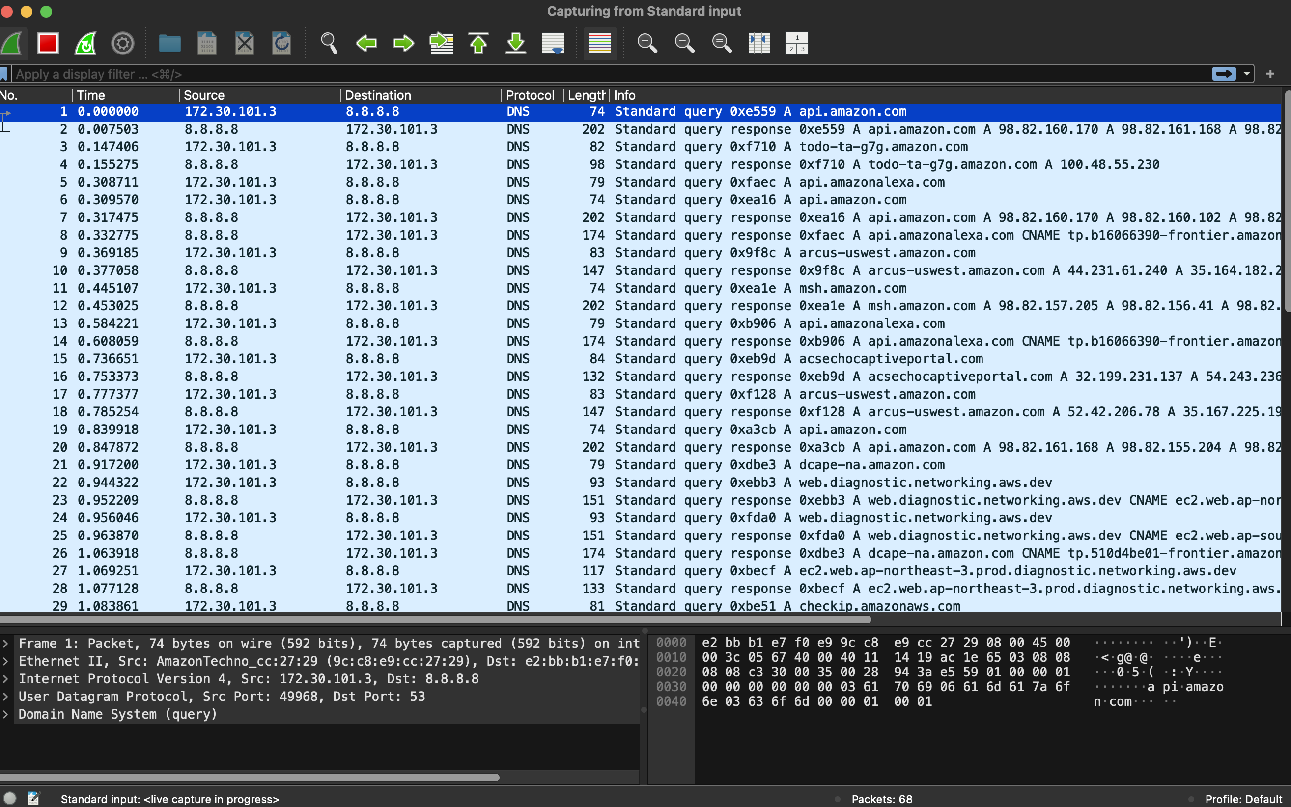 Wireshark showing packets from the experiment arriving live