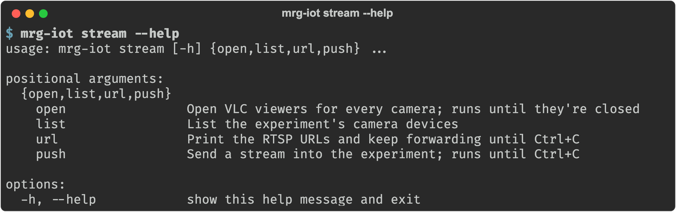 mrg-iot stream --help showing the open, list, url, and push subcommands