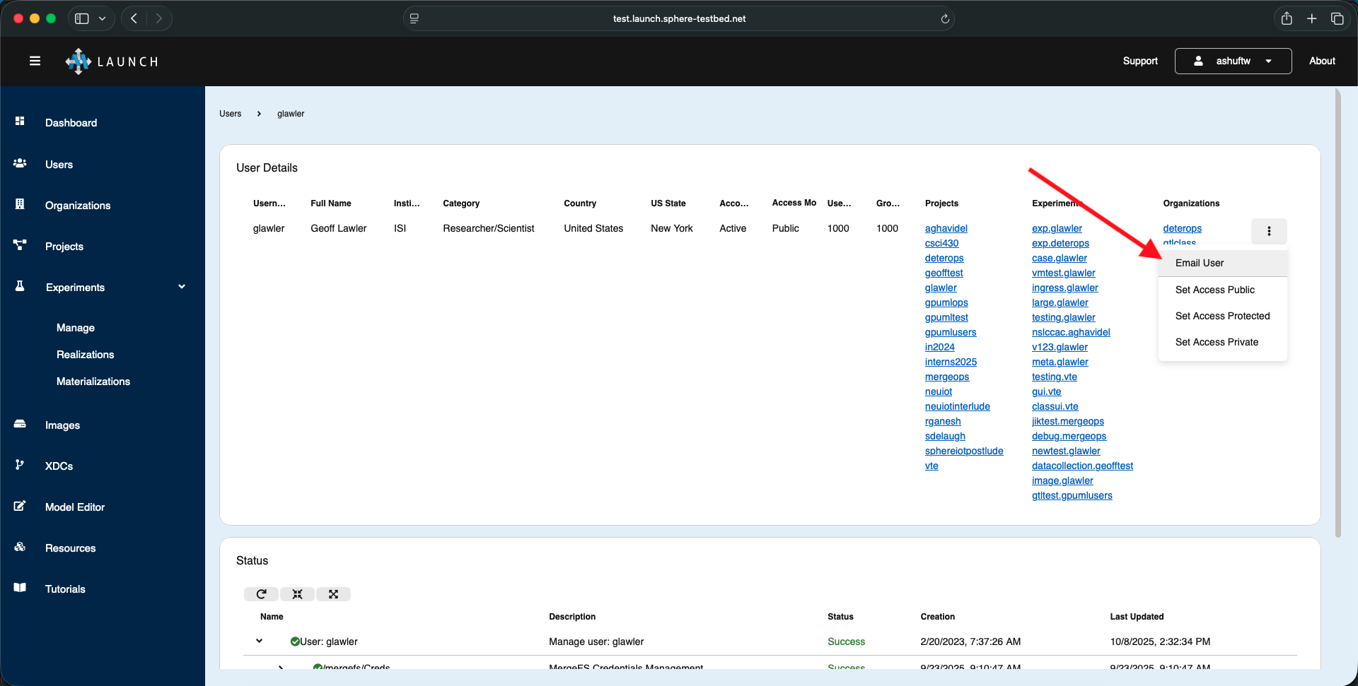 User detail page with Email User action