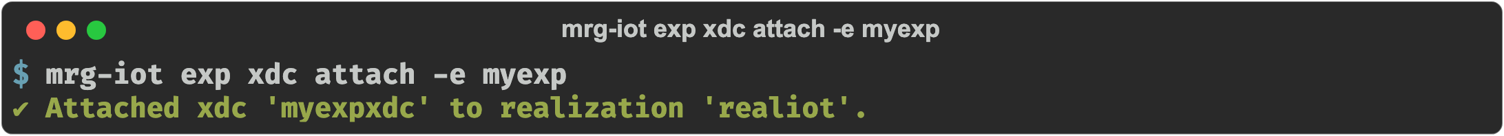 mrg-iot exp xdc attach -e myexp confirming the XDC was attached to the realization