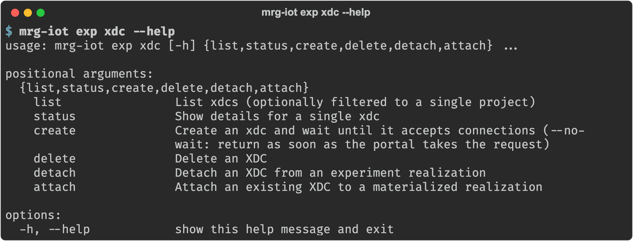 mrg-iot exp xdc --help listing the xdc subcommands and what each one does