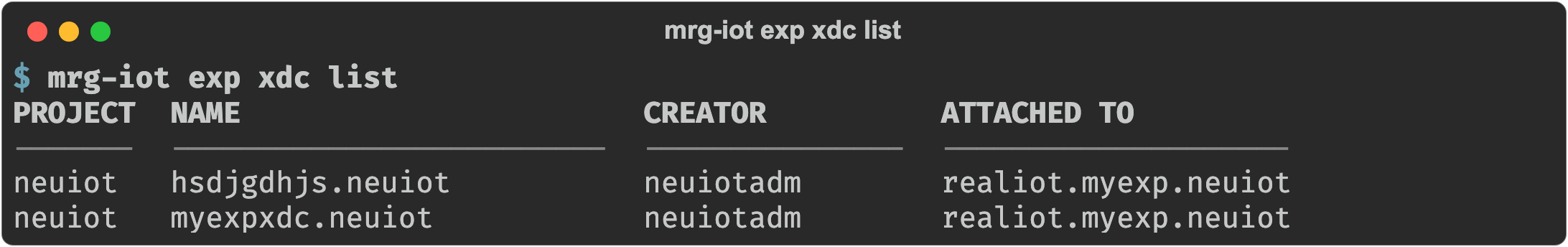 mrg-iot exp xdc list showing each XDC in the project with its creator and the realization it is attached to